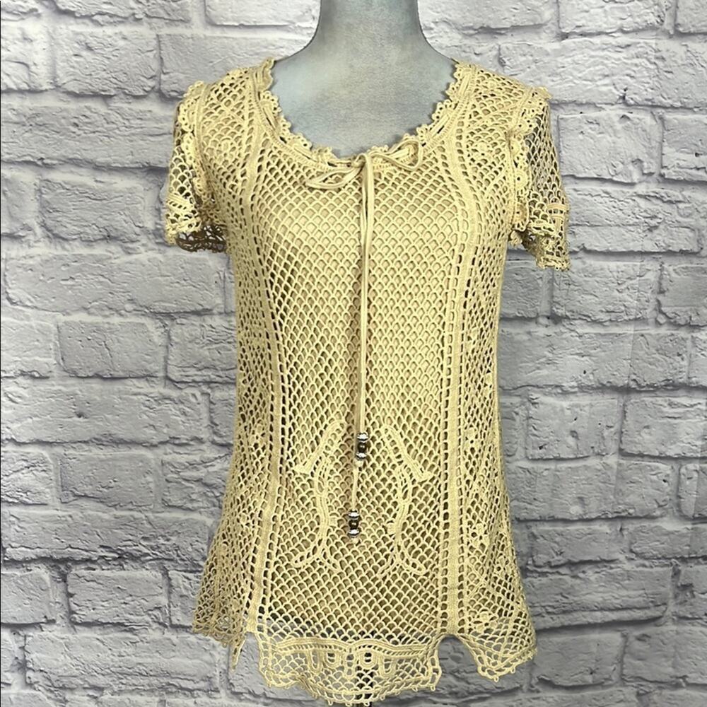 Vintage Y2K V Cristina boho neutral color crochet lace hippie style blouse